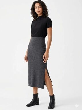 Olsen Europe Merino Wool Blend Knit Midi Skirt Gray Side Slit Size M